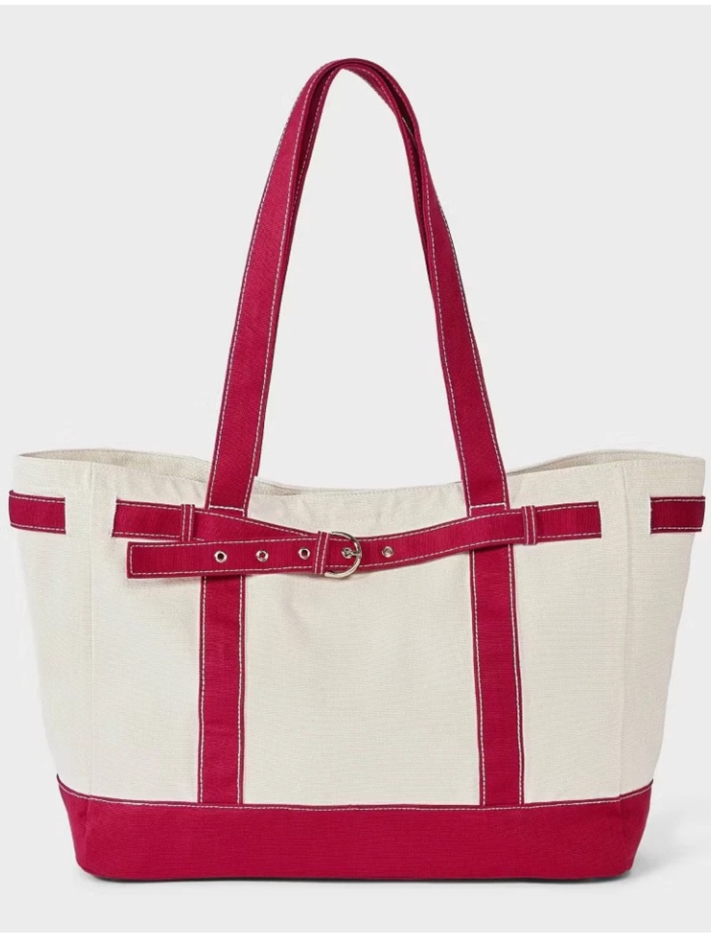 UNIVERSAL THREAD NEW Canvas Large Belted Tote Bag -cream/Red